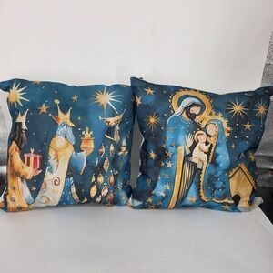 Set of 2 Christmas Pillows - Blue/Gold Nativity & Magi Religious Art Decor 18x18